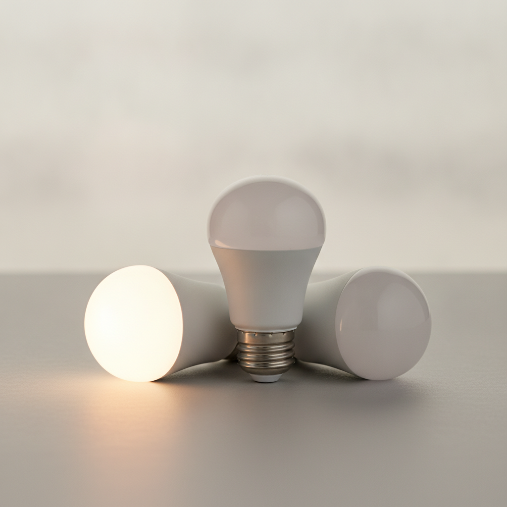 A lineup of white no-hub Wi-Fi smart LED bulbs on a light surface