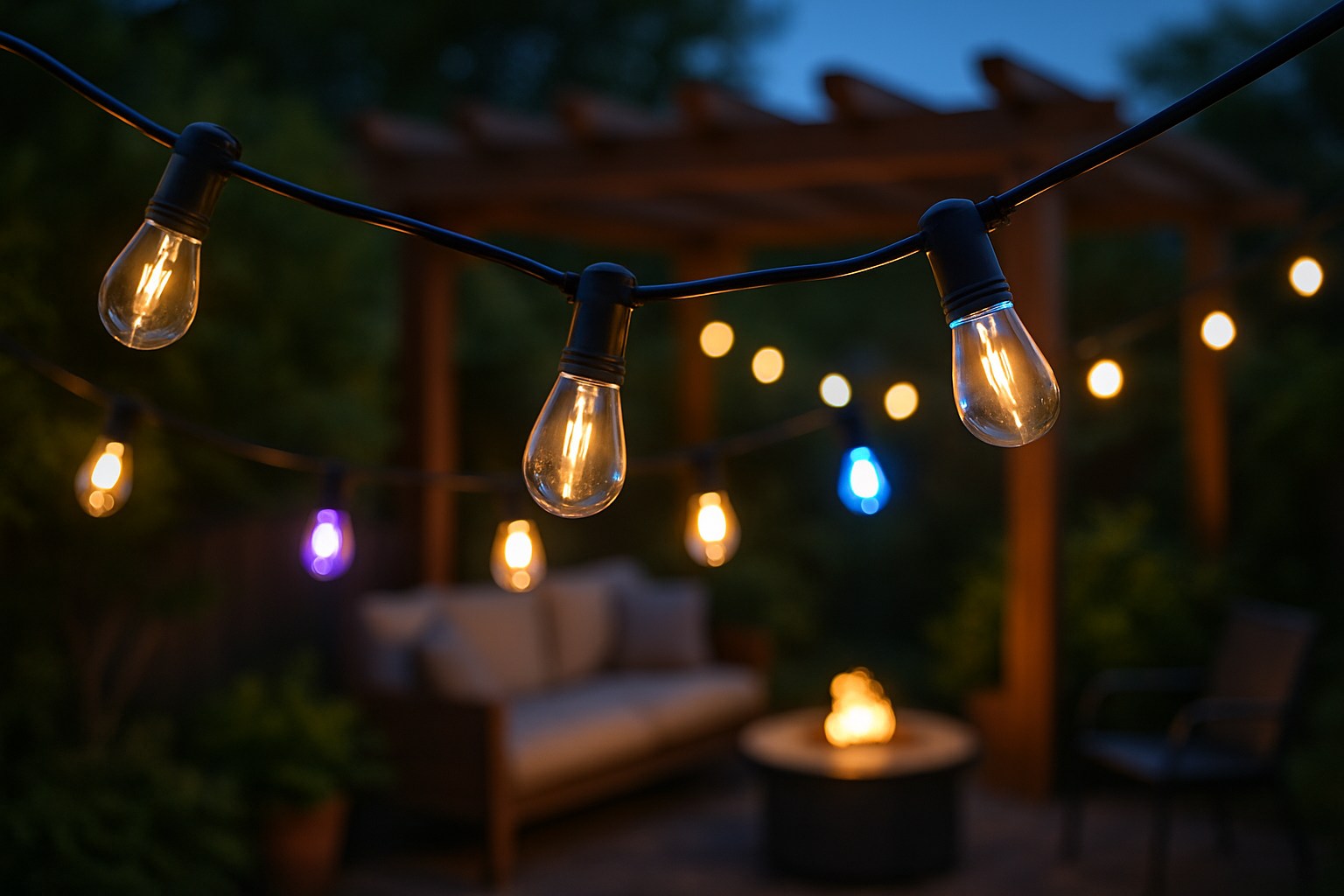 Govee outdoor string lights over a patio at dusk