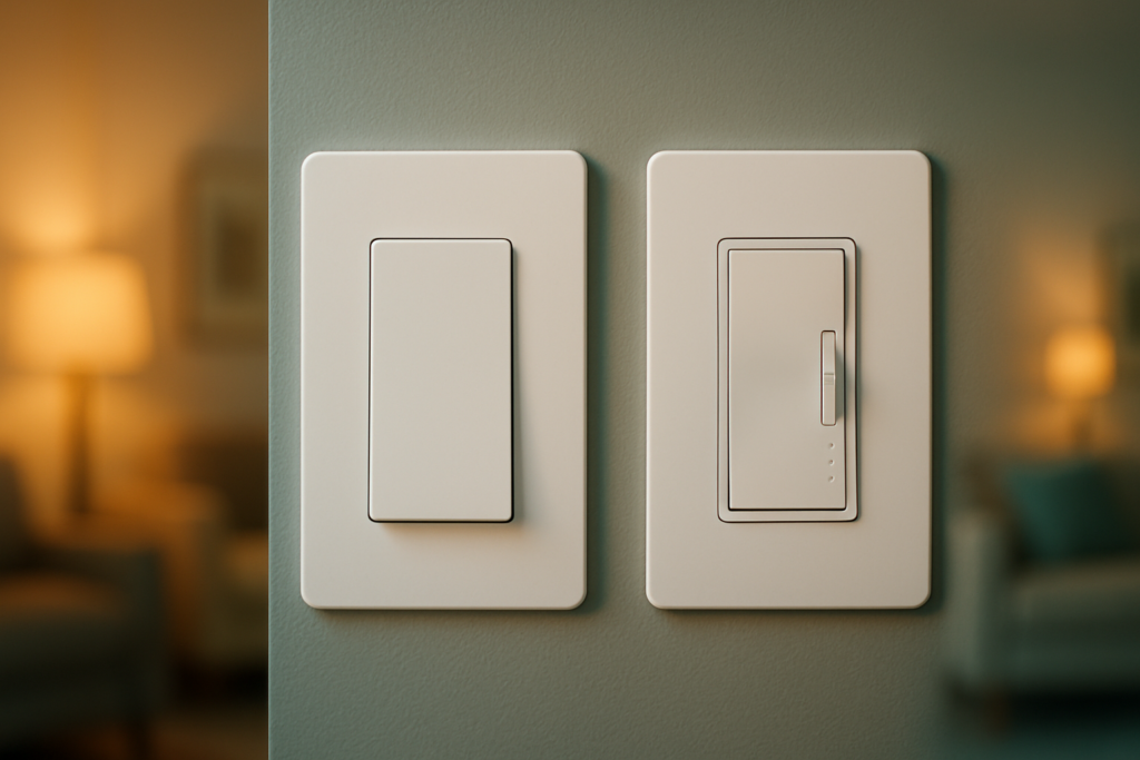 Two smart dimmer switches side by side on a wall with warm dimmed living room lighting behind